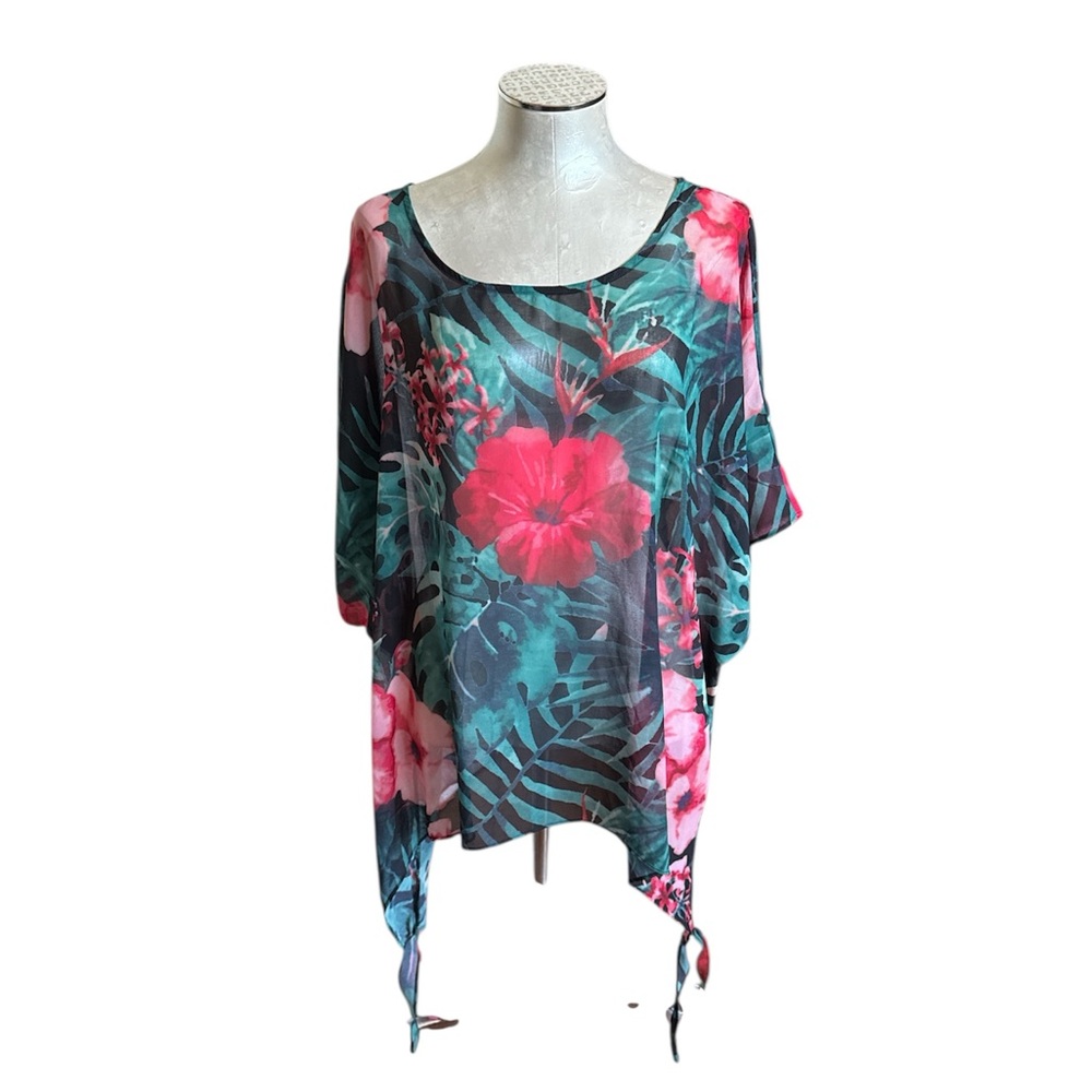 Colleen Lopez Women’s Semi Sheer Tropical Floral Tunic Top size Large